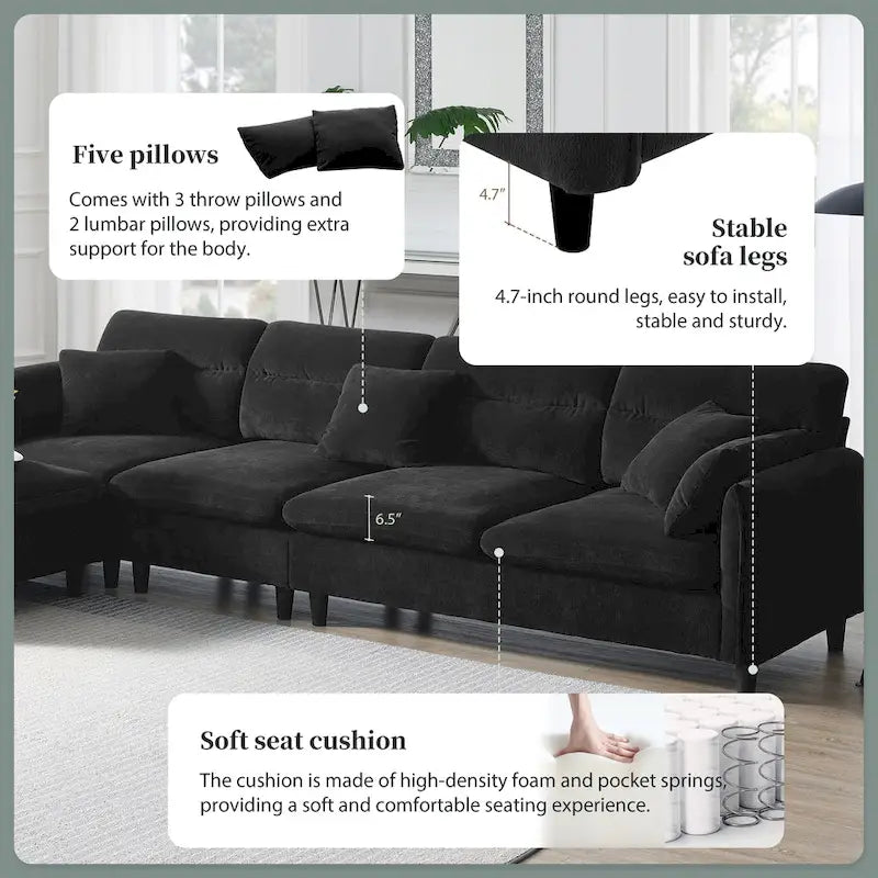 Canapé d'angle 5 places en L de 279 cm avec pouf et 5 oreillers