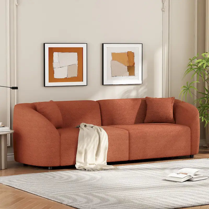 Canapé 3 places en bouclé incurvé sculptural de 222,25 cm avec design ergonomique