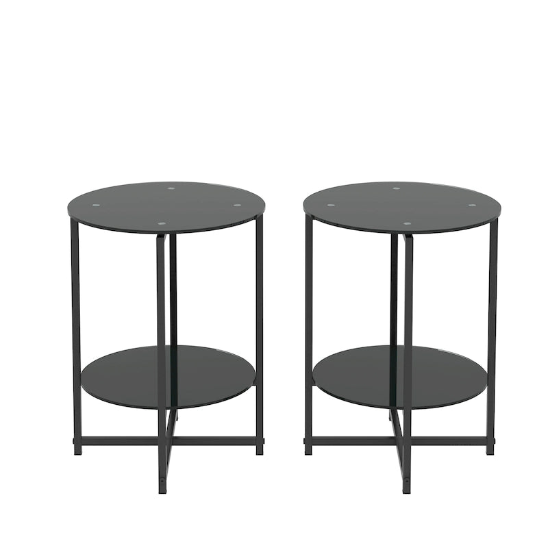 Tables d'appoint rondes noires en verre trempé (lot de 2) pour salon ou chambre à coucher