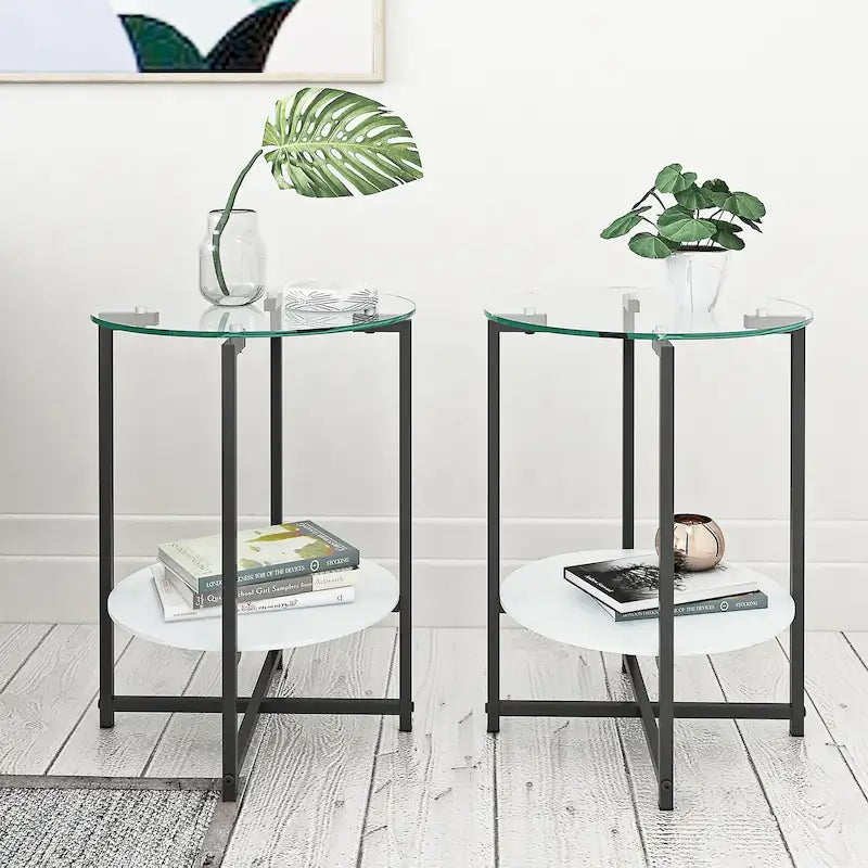 Tables d'appoint rondes noires en verre trempé (lot de 2) pour salon ou chambre à coucher
