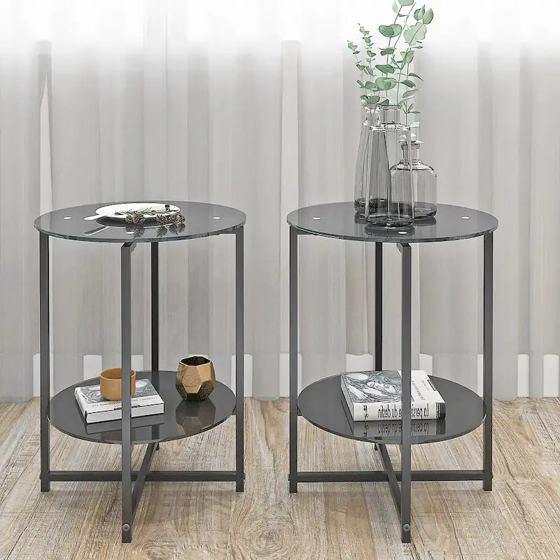Tables d'appoint rondes noires en verre trempé (lot de 2) pour salon ou chambre à coucher