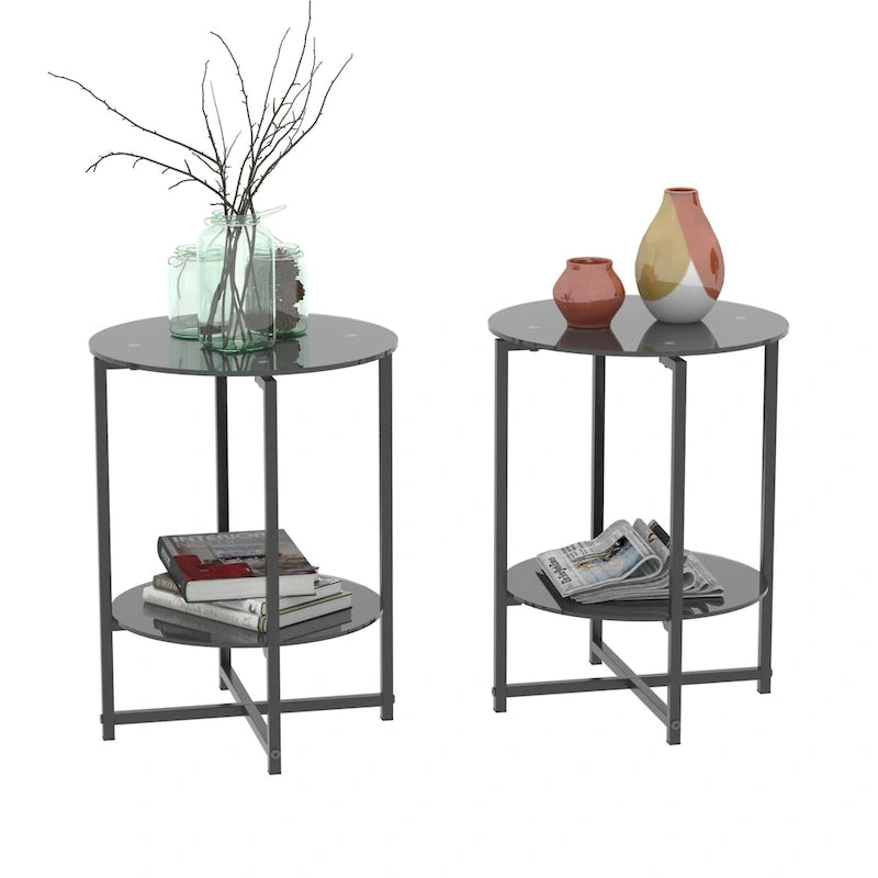 Tables d'appoint rondes noires en verre trempé (lot de 2) pour salon ou chambre à coucher