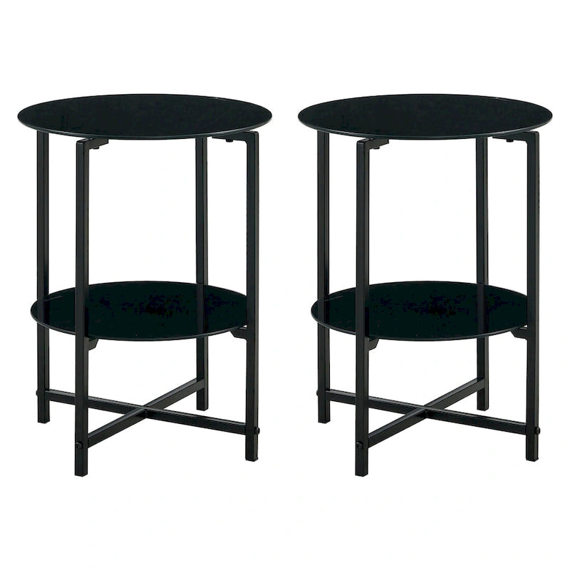Tables d'appoint rondes noires en verre trempé (lot de 2) pour salon ou chambre à coucher