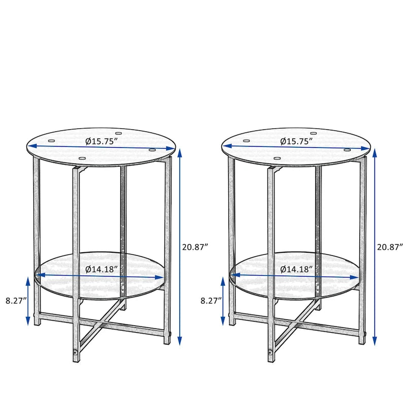 Tables d'appoint rondes noires en verre trempé (lot de 2) pour salon ou chambre à coucher