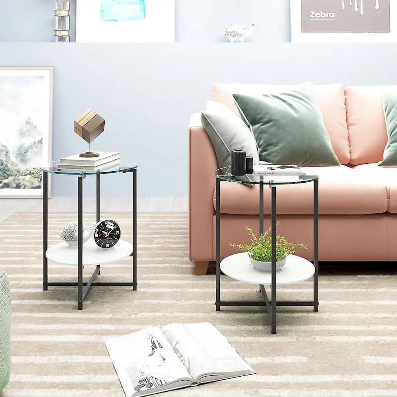 Tables d'appoint rondes noires en verre trempé (lot de 2) pour salon ou chambre à coucher
