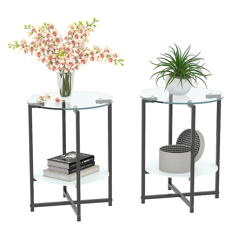 Tables d'appoint rondes noires en verre trempé (lot de 2) pour salon ou chambre à coucher