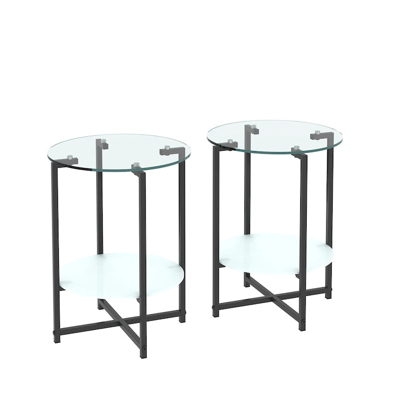Tables d'appoint rondes noires en verre trempé (lot de 2) pour salon ou chambre à coucher