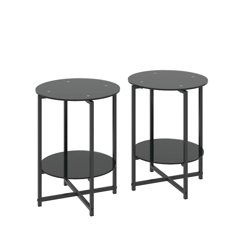 Tables d'appoint rondes noires en verre trempé (lot de 2) pour salon ou chambre à coucher
