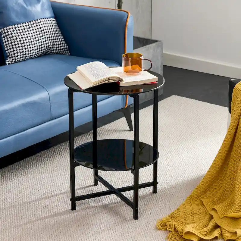 Tables d'appoint rondes noires en verre trempé (lot de 2) pour salon ou chambre à coucher