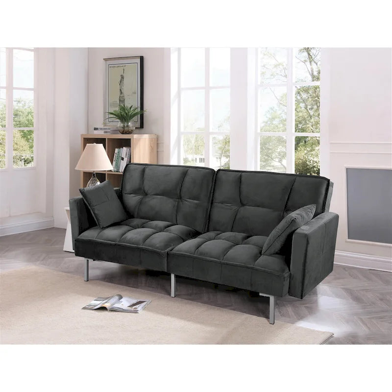 Canapé-lit futon en velours de style Mid-Century avec pieds en métal, 75,6 po