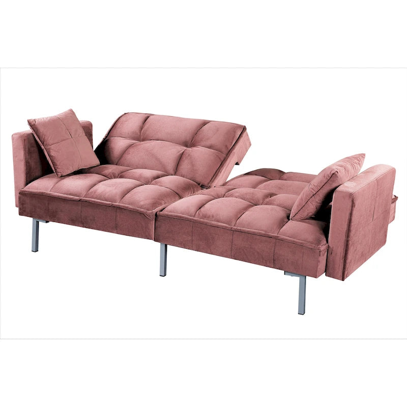 Canapé-lit futon en velours de style Mid-Century avec pieds en métal, 75,6 po