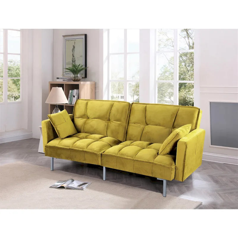 Canapé-lit futon en velours de style Mid-Century avec pieds en métal, 75,6 po