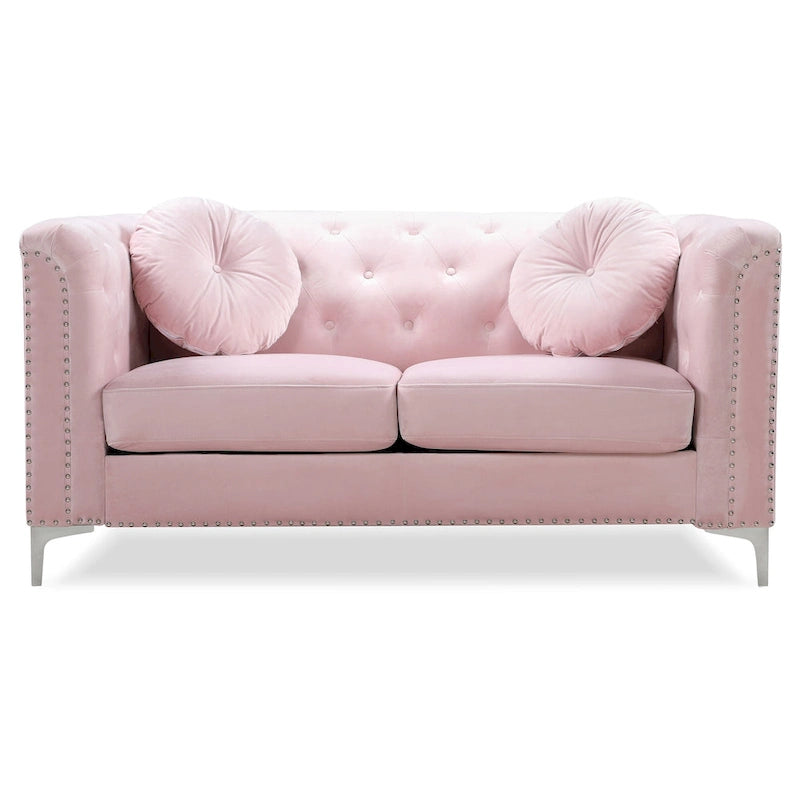Causeuse capitonnée en velours avec pieds chromés et détails cloutés