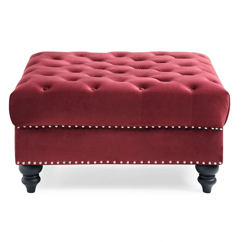 Grand pouf capitonné en velours avec détails cloutés