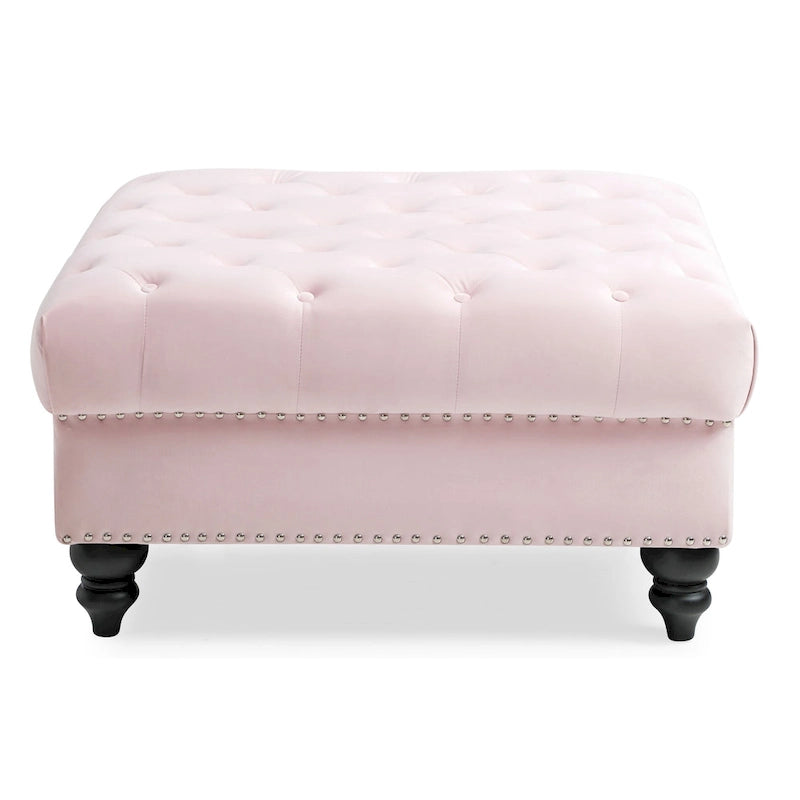 Grand pouf capitonné en velours avec détails cloutés