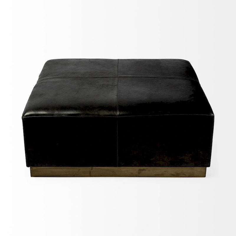 Minara Pouf carré en cuir véritable noir avec base en métal doré 36