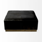 Minara Pouf carré en cuir véritable noir avec base en métal doré 36