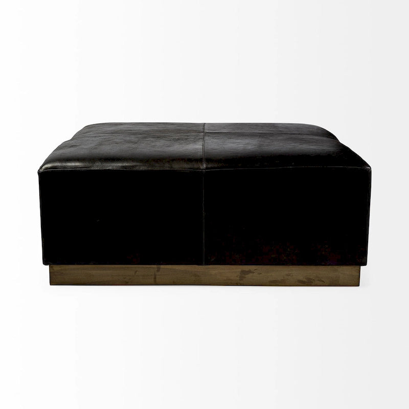 Minara Pouf carré en cuir véritable noir avec base en métal doré 36
