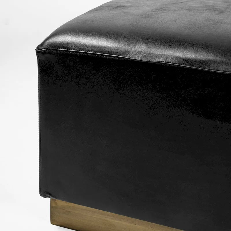 Minara Pouf carré en cuir véritable noir avec base en métal doré 36