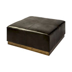 Minara Pouf carré en cuir véritable noir avec base en métal doré 36