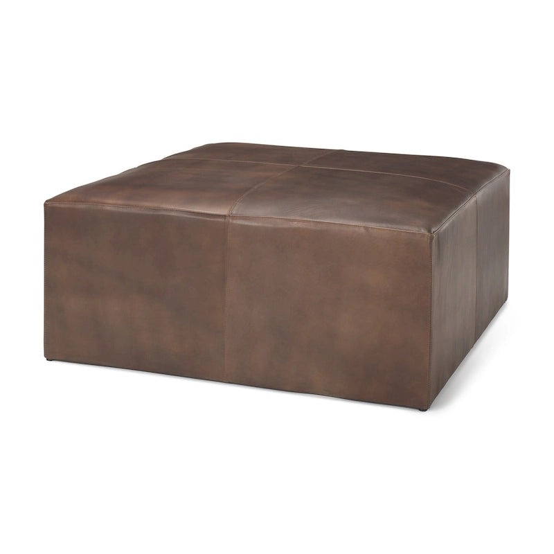 Minara Pouf carré en cuir véritable noir avec base en métal doré 36