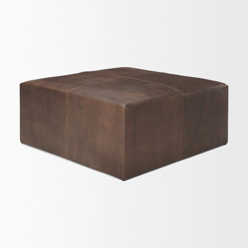 Minara Pouf carré en cuir véritable noir avec base en métal doré 36