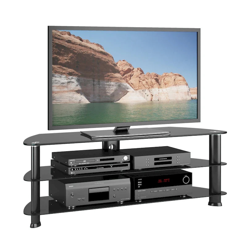 Meuble TV d'angle noir satiné pour téléviseurs jusqu'à 65" avec étagères en verre trempé