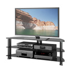 Meuble TV d'angle noir satiné pour téléviseurs jusqu'à 65" avec étagères en verre trempé