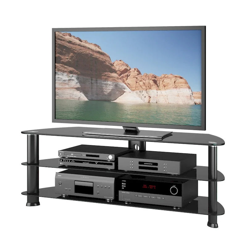 Meuble TV d'angle noir satiné pour téléviseurs jusqu'à 65" avec étagères en verre trempé