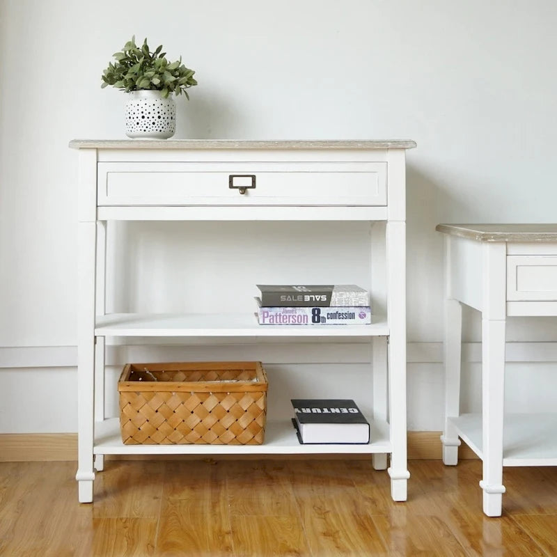 Table d'appoint avec tiroir, aspect vieilli blanc et gris, assemblage par 1 personne