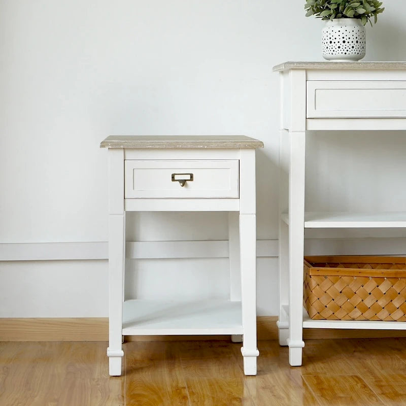 Table d'appoint avec tiroir, aspect vieilli blanc et gris, assemblage par 1 personne