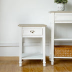 Table d'appoint avec tiroir, aspect vieilli blanc et gris, assemblage par 1 personne