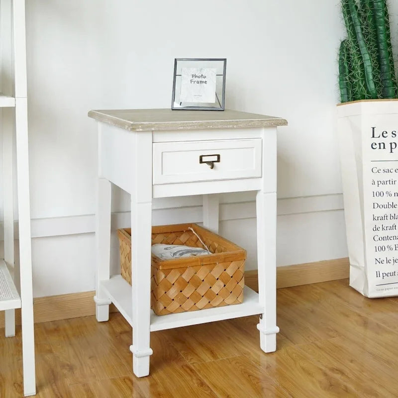 Table d'appoint avec tiroir, aspect vieilli blanc et gris, assemblage par 1 personne