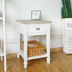 Table d'appoint avec tiroir, aspect vieilli blanc et gris, assemblage par 1 personne