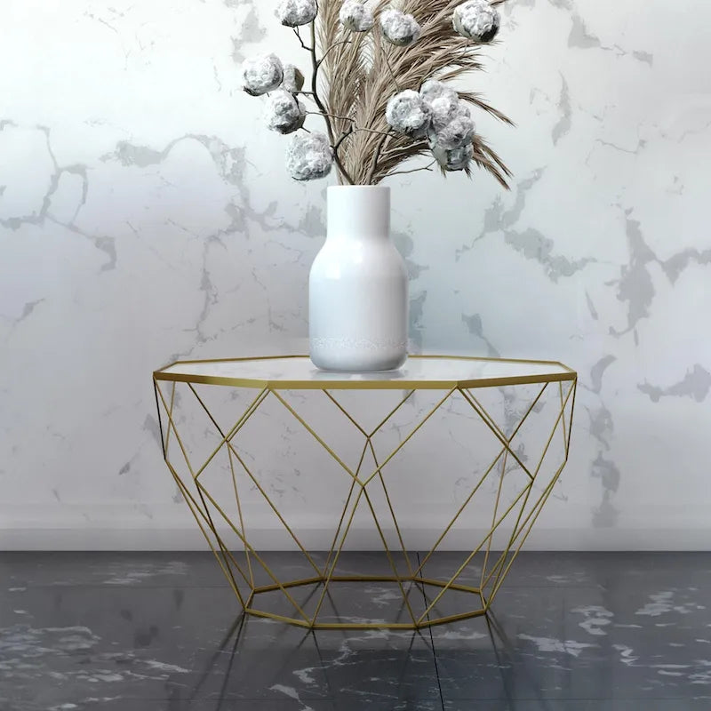 Table d'appoint octogonale or/noir/blanc/gris/rouge/jaune avec plateau en verre trempé, base géométrique en métal, 1 personne