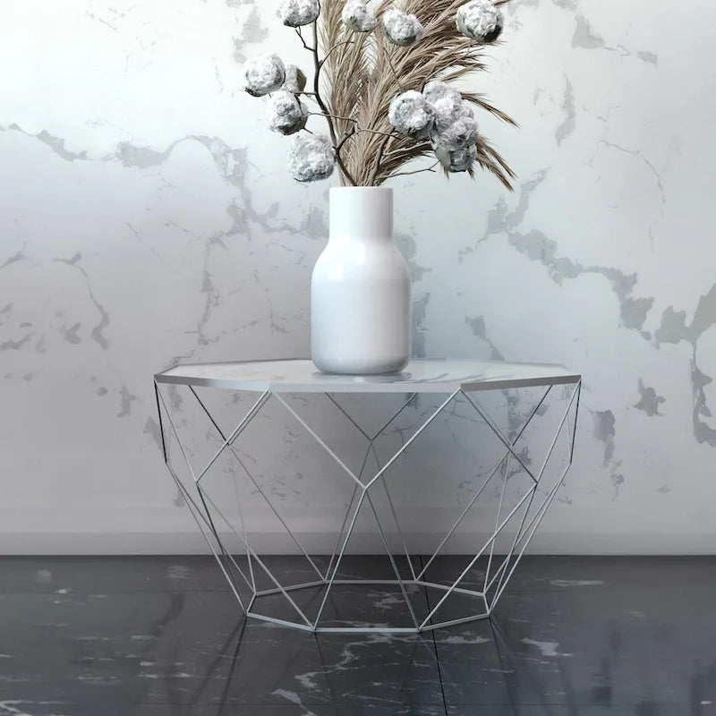 Table d'appoint octogonale or/noir/blanc/gris/rouge/jaune avec plateau en verre trempé, base géométrique en métal, 1 personne