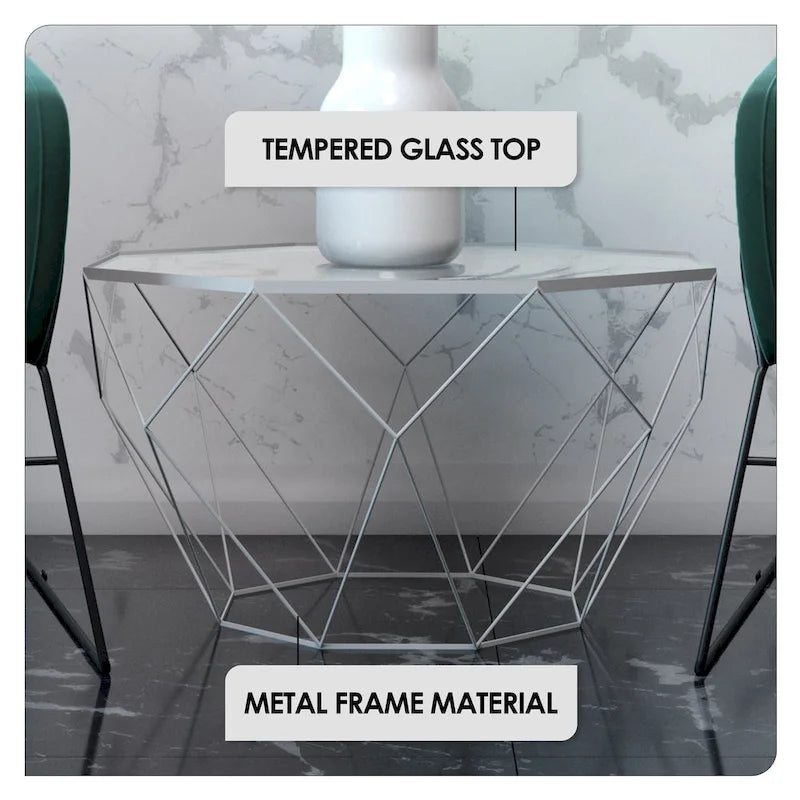 Table d'appoint octogonale or/noir/blanc/gris/rouge/jaune avec plateau en verre trempé, base géométrique en métal, 1 personne