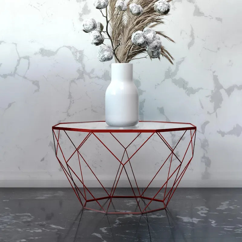 Table d'appoint octogonale or/noir/blanc/gris/rouge/jaune avec plateau en verre trempé, base géométrique en métal, 1 personne
