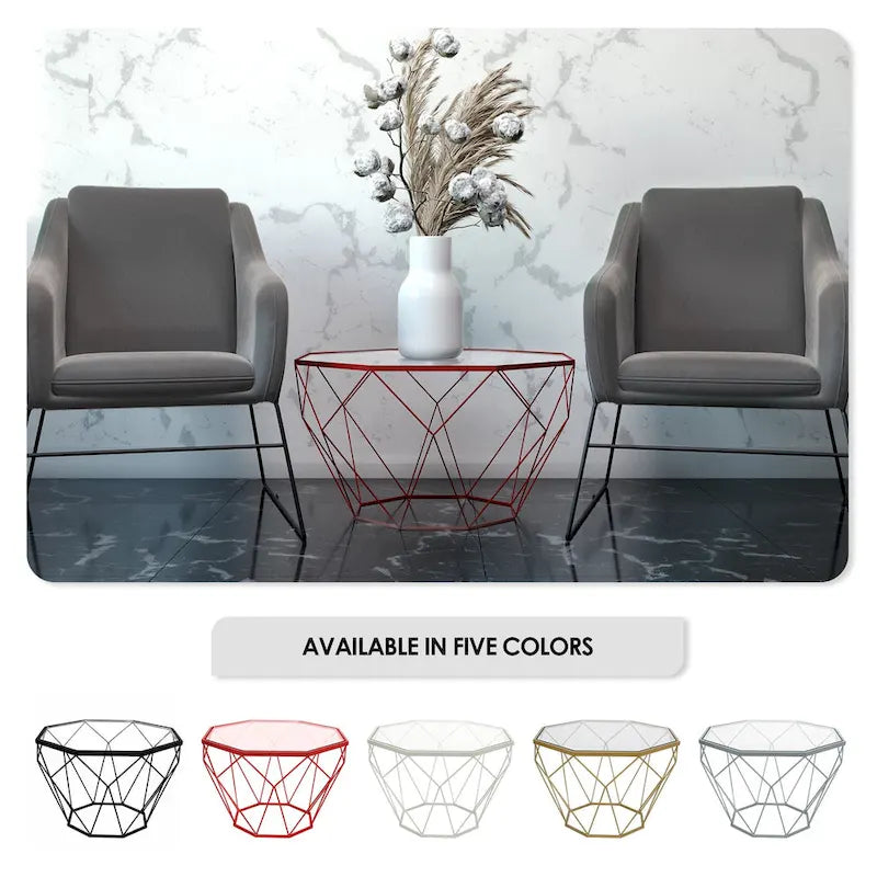 Table d'appoint octogonale or/noir/blanc/gris/rouge/jaune avec plateau en verre trempé, base géométrique en métal, 1 personne