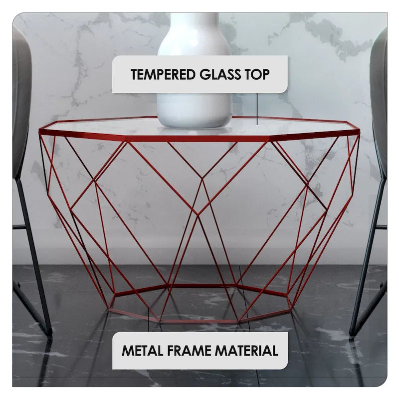 Table d'appoint octogonale or/noir/blanc/gris/rouge/jaune avec plateau en verre trempé, base géométrique en métal, 1 personne