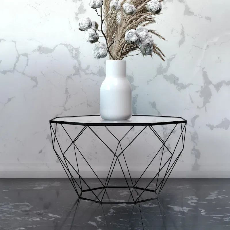 Table d'appoint octogonale or/noir/blanc/gris/rouge/jaune avec plateau en verre trempé, base géométrique en métal, 1 personne
