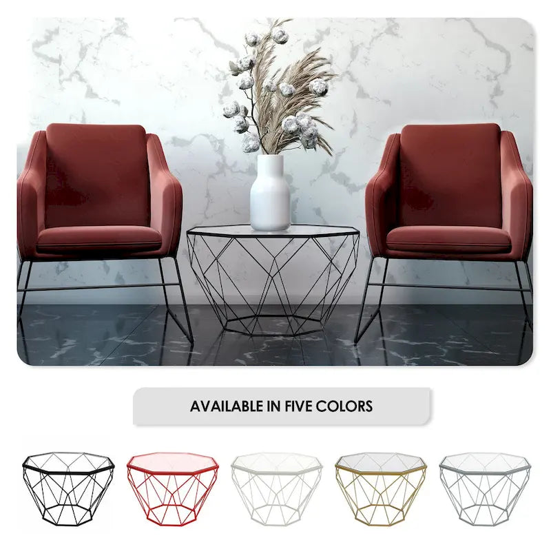Table d'appoint octogonale or/noir/blanc/gris/rouge/jaune avec plateau en verre trempé, base géométrique en métal, 1 personne
