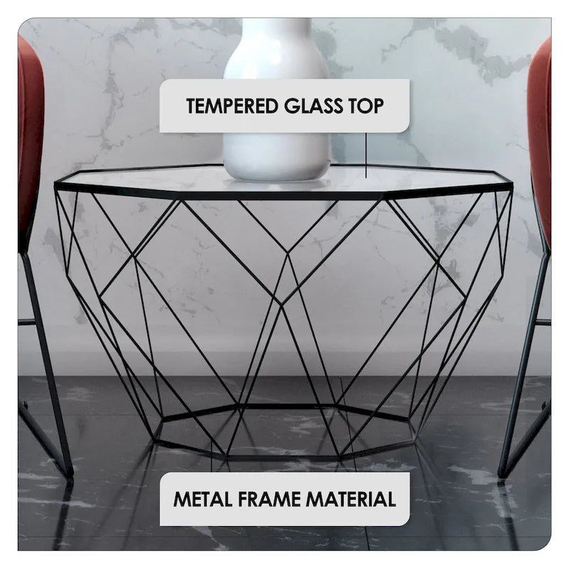 Table d'appoint octogonale or/noir/blanc/gris/rouge/jaune avec plateau en verre trempé, base géométrique en métal, 1 personne