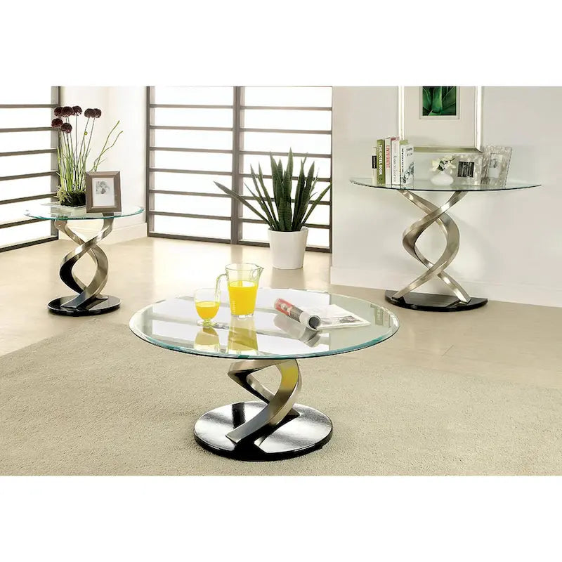 Table console de 45" en verre demi-lune avec base à double hélice en argent