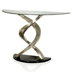 Table console de 45" en verre demi-lune avec base à double hélice en argent