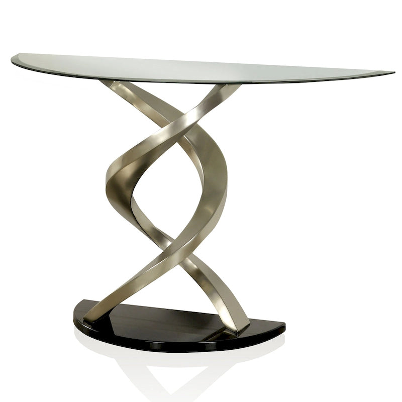 Table console de 45" en verre demi-lune avec base à double hélice en argent