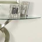 Table console de 45" en verre demi-lune avec base à double hélice en argent
