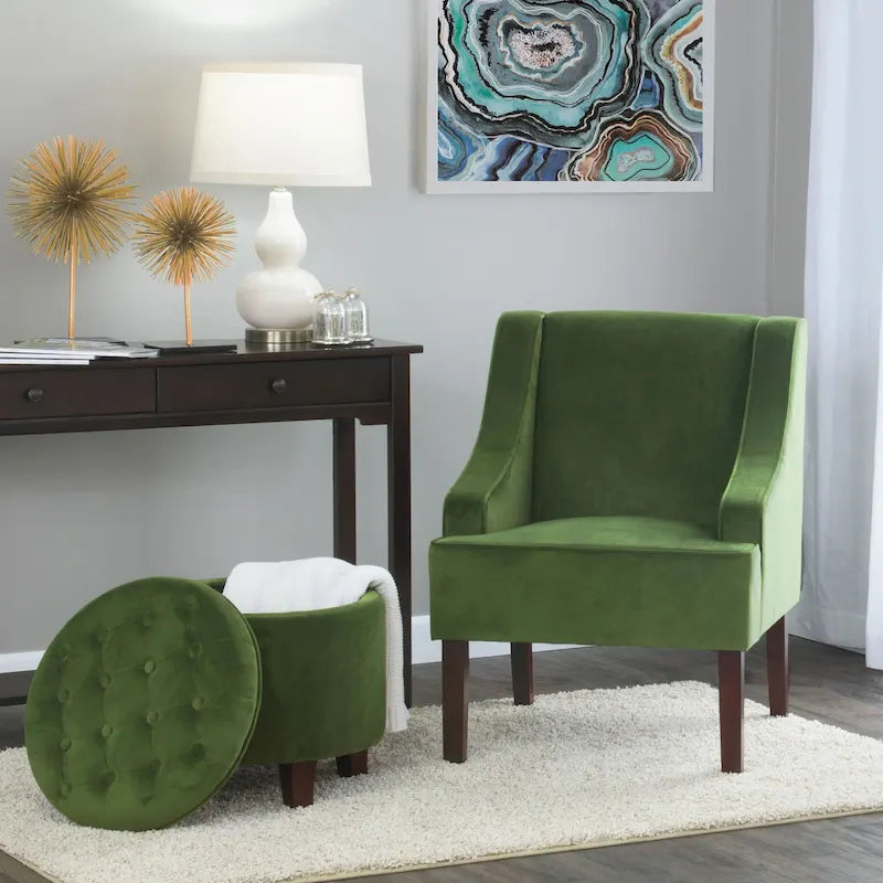 Fauteuil d'appoint en velours avec accoudoirs incurvés et pieds en bois de noyer foncé