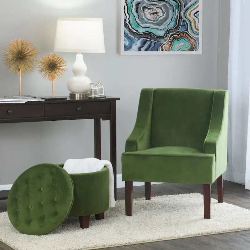 Fauteuil d'appoint en velours avec accoudoirs incurvés et pieds en bois de noyer foncé
