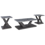 Ensemble de 3 tables basses et bouts de canapé en faux marbre gris avec roulettes